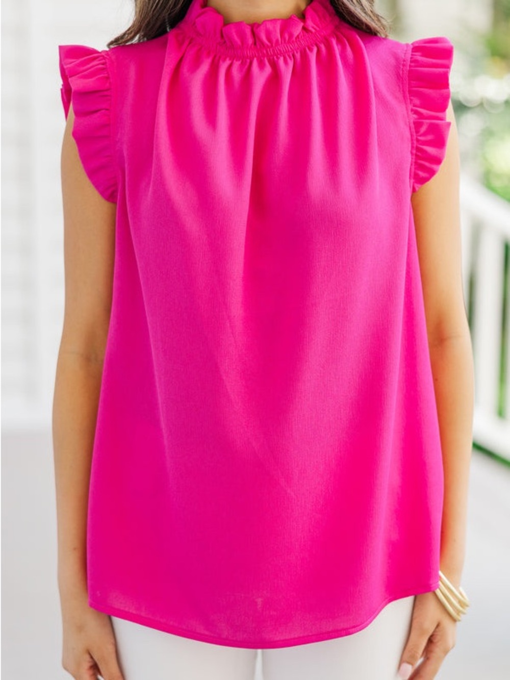 Flutter Sleeve High-Neck Pink Women's Top